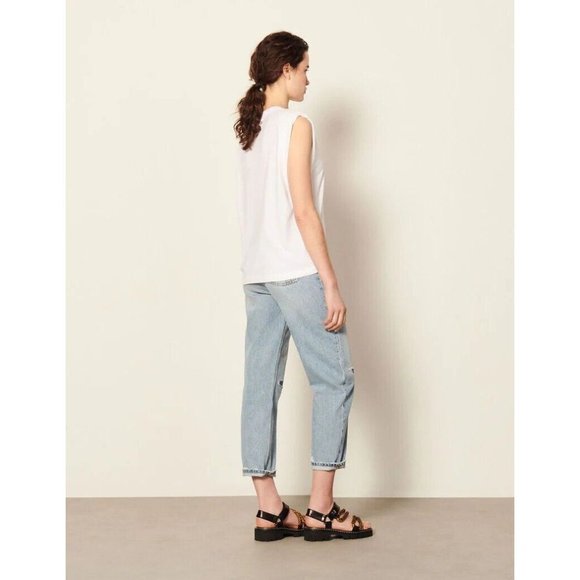 SANDRO Trivoli White Jersey Flocked Cotton Shoulder Pad Muscle Tank, Size 2/M - Picture 3 of 16